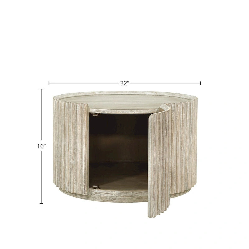 Table basse ronde en bois d'acacia beige avec porte de rangement