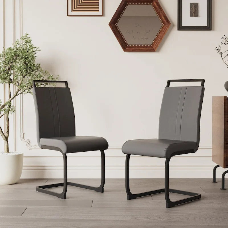 Chaise de salle à manger à dossier haut en similicuir PU gris/noir, pieds en métal en forme de C, lot de 4