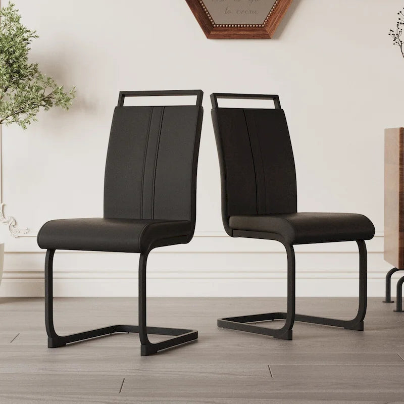 Chaise de salle à manger à dossier haut en similicuir PU gris/noir, pieds en métal en forme de C, lot de 4
