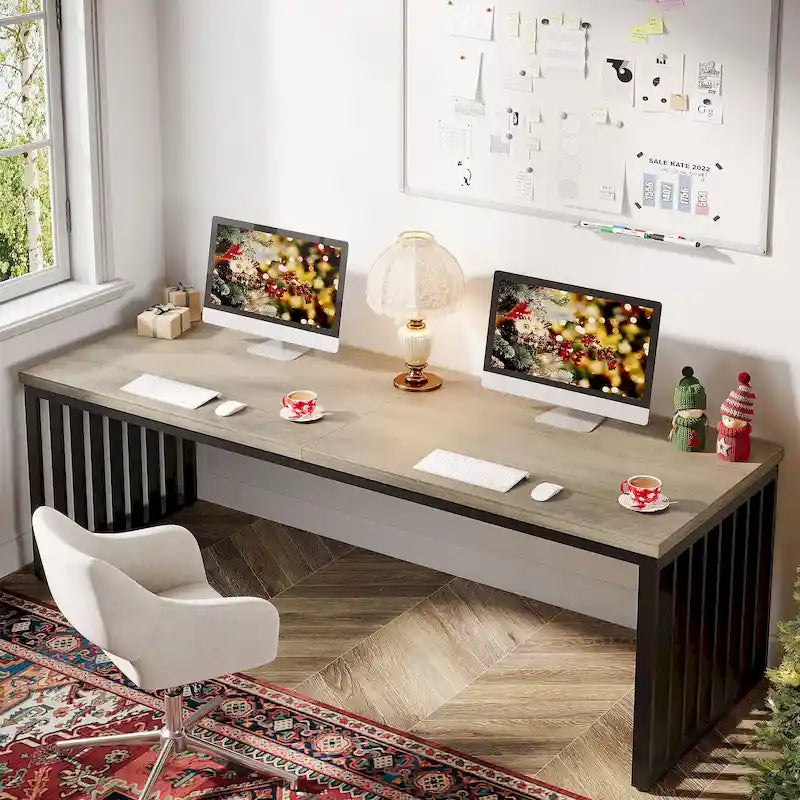 Bureau d'ordinateur 2 personnes de 199,9 cm — Chêne/Noir, Blanc, Noir et Gris, Noir