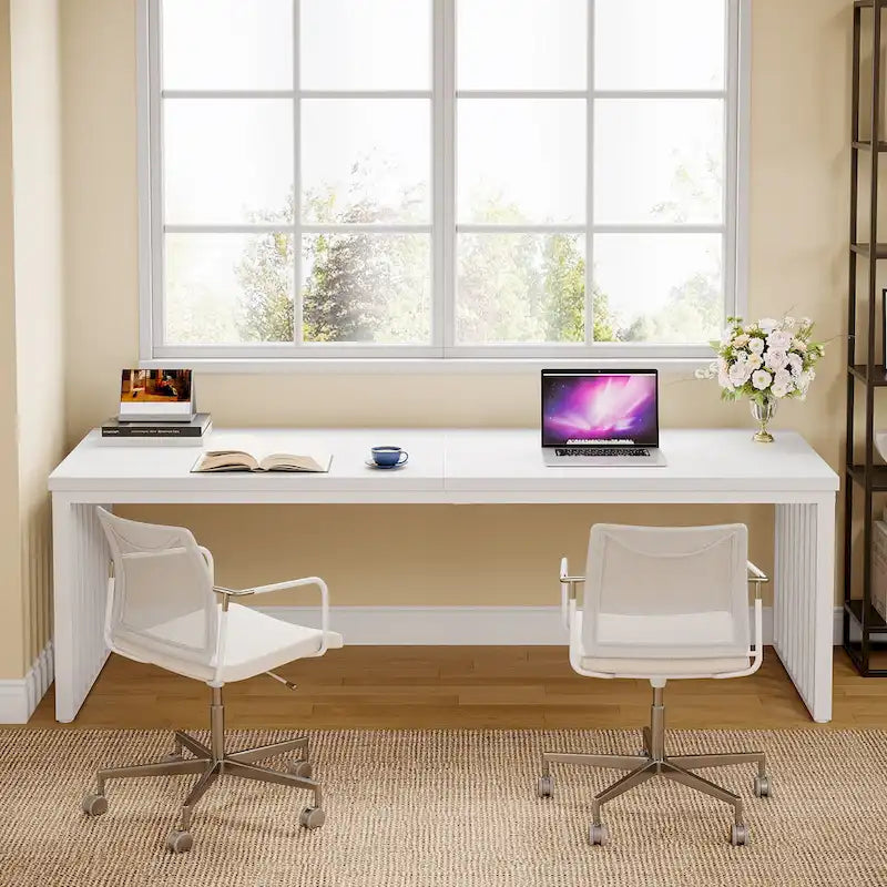 Bureau d'ordinateur 2 personnes de 199,9 cm — Chêne/Noir, Blanc, Noir et Gris, Noir