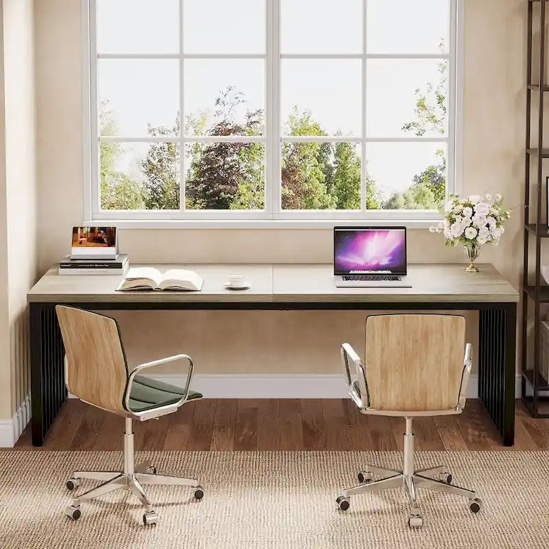 Bureau d'ordinateur 2 personnes de 199,9 cm — Chêne/Noir, Blanc, Noir et Gris, Noir