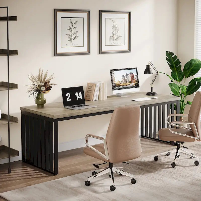 Bureau d'ordinateur 2 personnes de 199,9 cm — Chêne/Noir, Blanc, Noir et Gris, Noir
