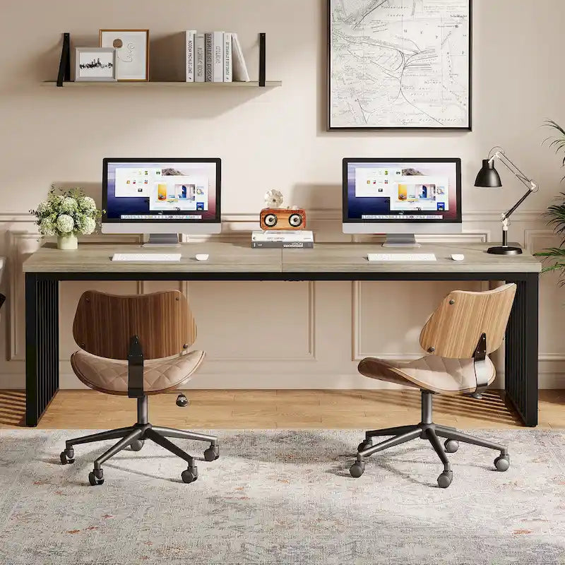 Bureau d'ordinateur 2 personnes de 199,9 cm — Chêne/Noir, Blanc, Noir et Gris, Noir
