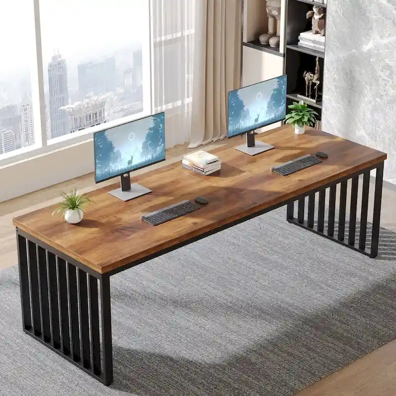 Bureau d'ordinateur 2 personnes de 199,9 cm — Chêne/Noir, Blanc, Noir et Gris, Noir