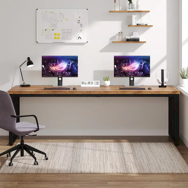 Bureau d'ordinateur 2 personnes de 199,9 cm — Chêne/Noir, Blanc, Noir et Gris, Noir