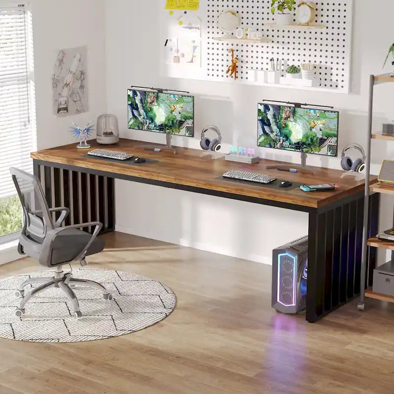 Bureau d'ordinateur 2 personnes de 199,9 cm — Chêne/Noir, Blanc, Noir et Gris, Noir
