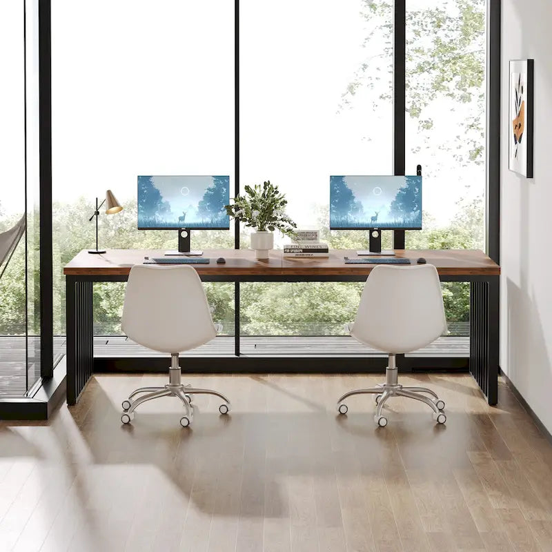 Bureau d'ordinateur 2 personnes de 199,9 cm — Chêne/Noir, Blanc, Noir et Gris, Noir