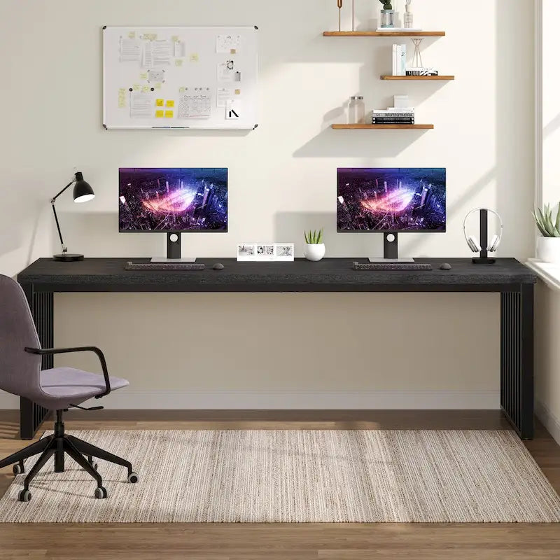 Bureau d'ordinateur 2 personnes de 199,9 cm — Chêne/Noir, Blanc, Noir et Gris, Noir