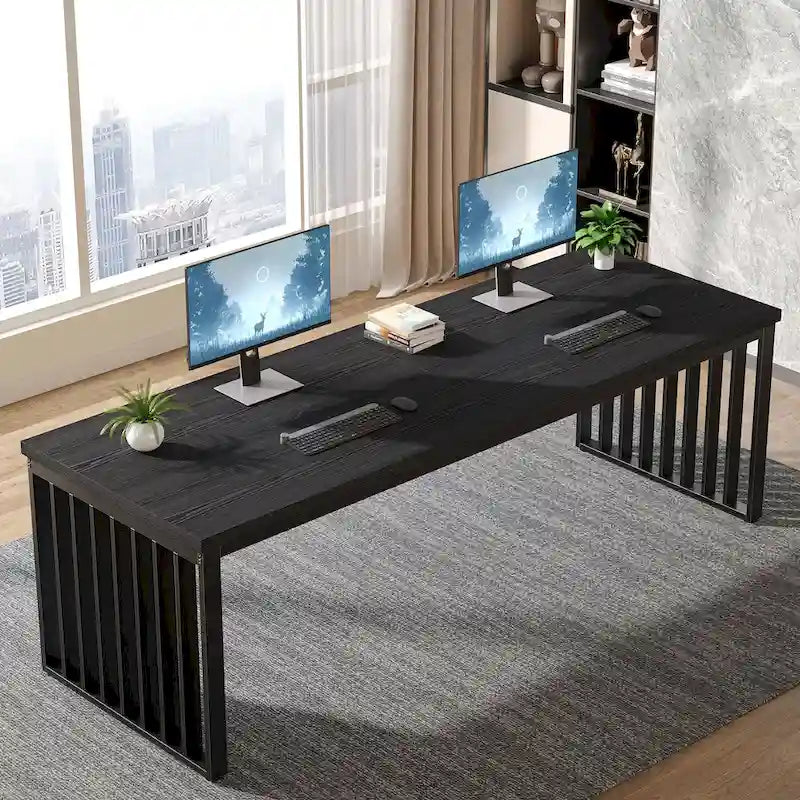 Bureau d'ordinateur 2 personnes de 199,9 cm — Chêne/Noir, Blanc, Noir et Gris, Noir