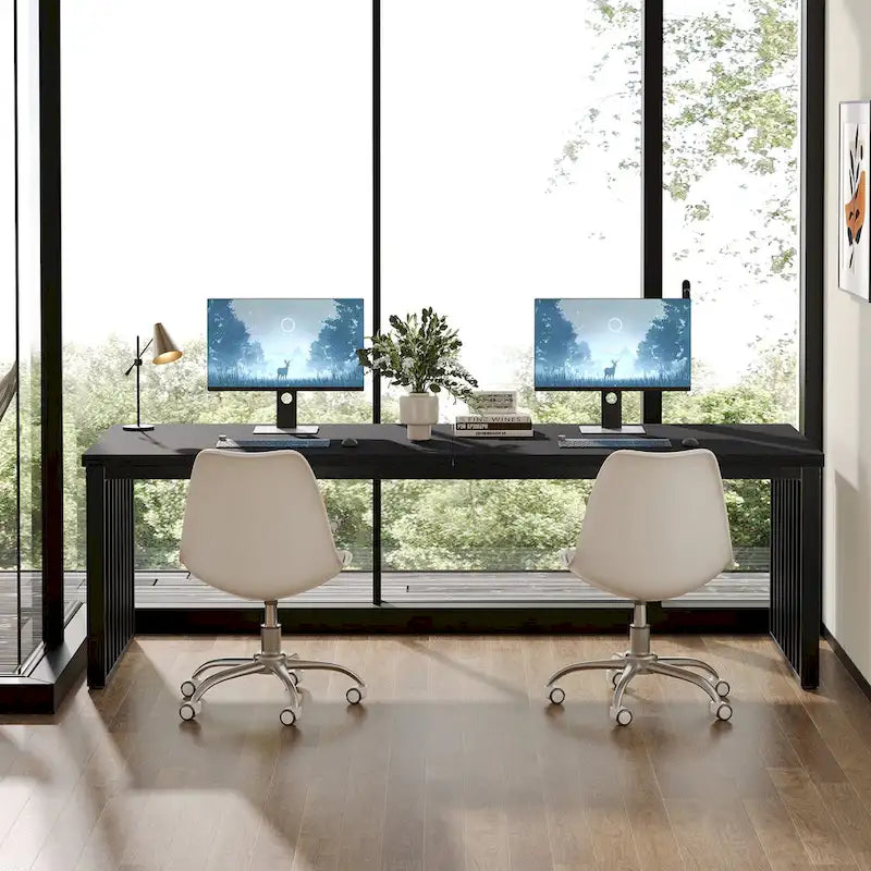 Bureau d'ordinateur 2 personnes de 199,9 cm — Chêne/Noir, Blanc, Noir et Gris, Noir