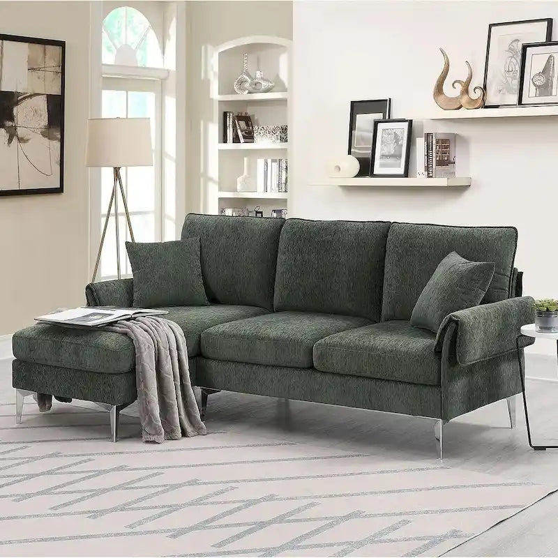 Canapé d'angle convertible en L, tissu chenille, noir/vert/rose, 4 places