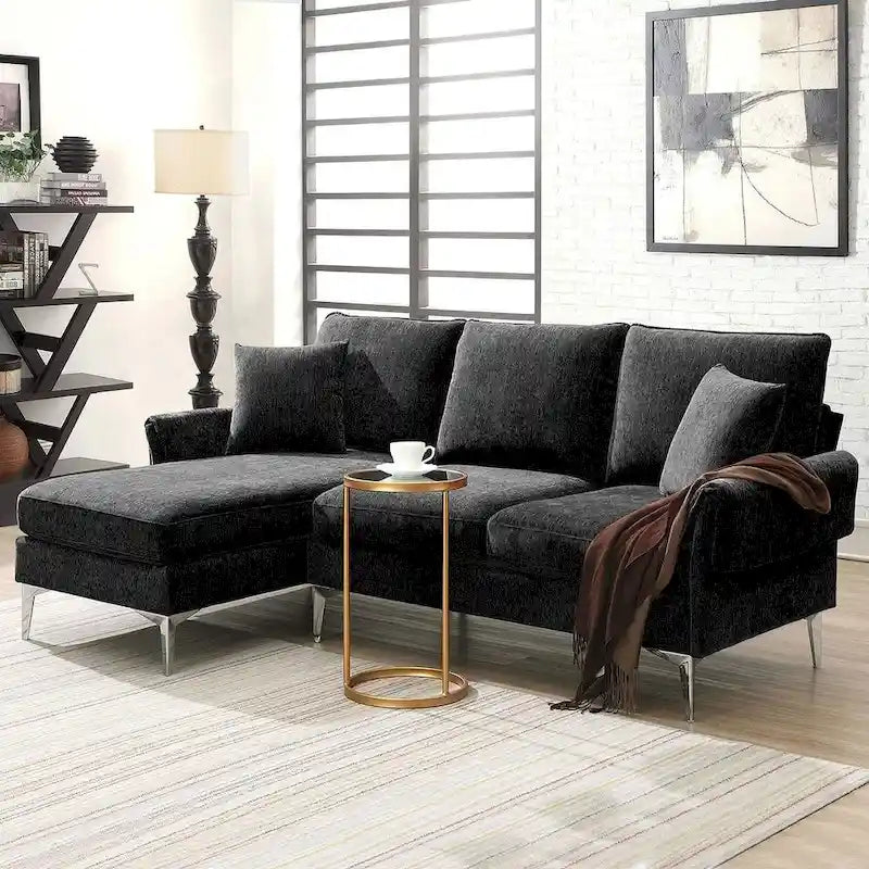 Canapé d'angle convertible en L, tissu chenille, noir/vert/rose, 4 places