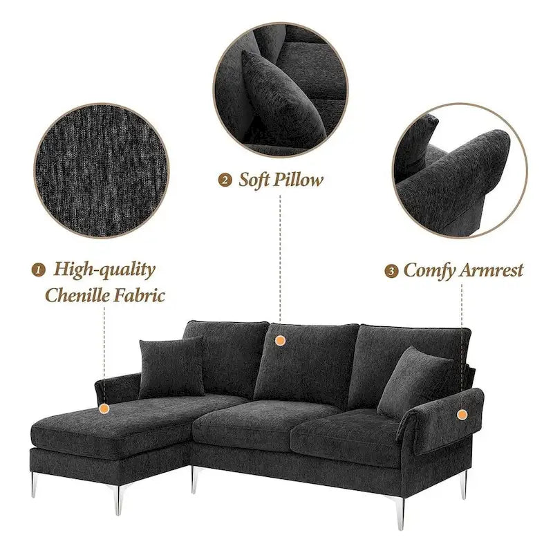 Canapé d'angle convertible en L, tissu chenille, noir/vert/rose, 4 places