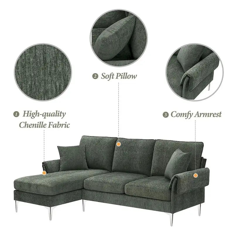 Canapé d'angle convertible en L, tissu chenille, noir/vert/rose, 4 places