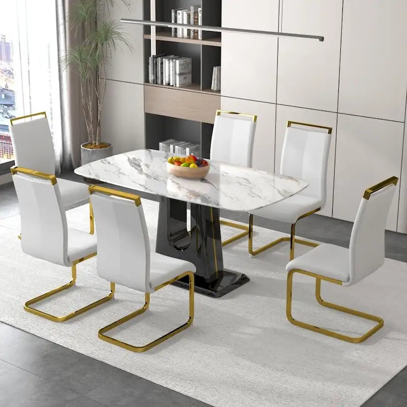 Table de salle à manger plateau marbre blanc et noir, 6 à 8 places
