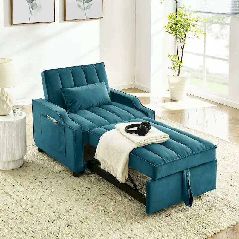 Fauteuil de canapé convertible 3-en-1 en velours bleu/beige pour 1 personne