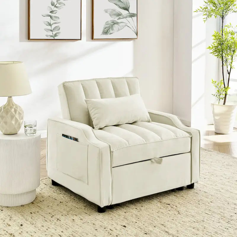 Fauteuil de canapé convertible 3-en-1 en velours bleu/beige pour 1 personne