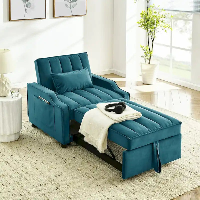 Fauteuil de canapé convertible 3-en-1 en velours bleu/beige pour 1 personne