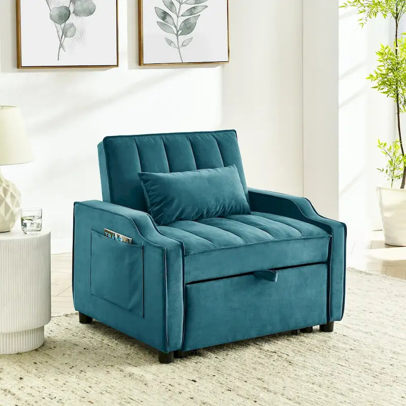 Fauteuil de canapé convertible 3-en-1 en velours bleu/beige pour 1 personne