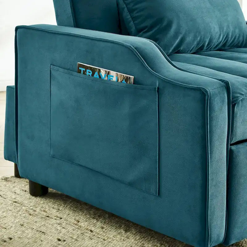 Fauteuil de canapé convertible 3-en-1 en velours bleu/beige pour 1 personne