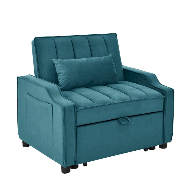 Fauteuil de canapé convertible 3-en-1 en velours bleu/beige pour 1 personne