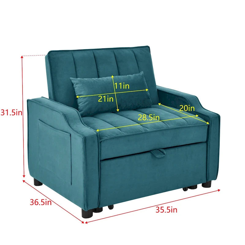 Fauteuil de canapé convertible 3-en-1 en velours bleu/beige pour 1 personne