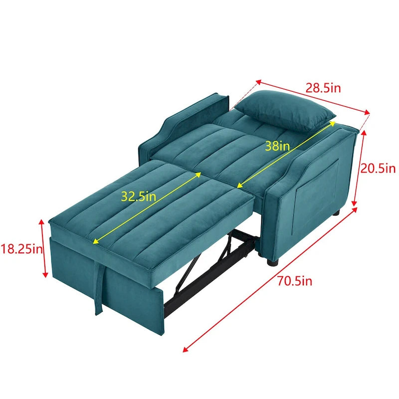 Fauteuil de canapé convertible 3-en-1 en velours bleu/beige pour 1 personne