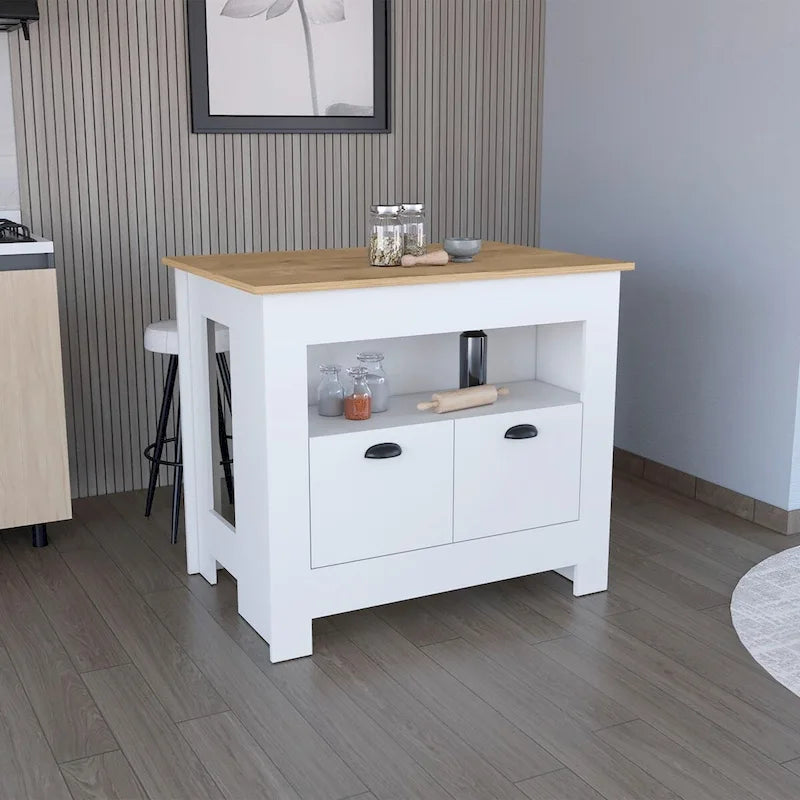 Îlot de cuisine 2 portes noir/blanc avec étagère — 1 personne