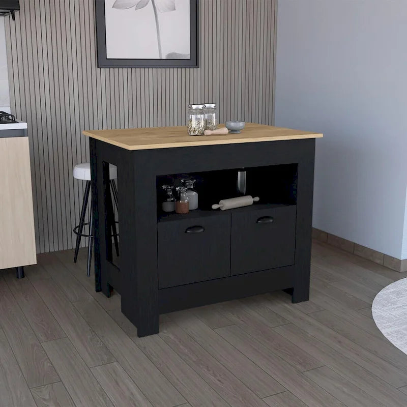 Îlot de cuisine 2 portes noir/blanc avec étagère — 1 personne