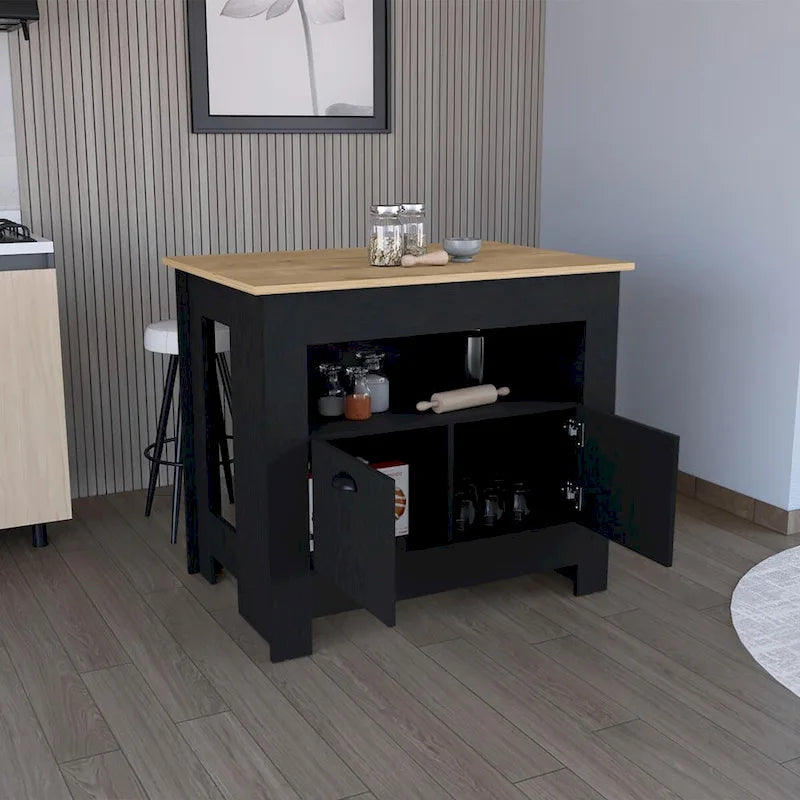 Îlot de cuisine 2 portes noir/blanc avec étagère — 1 personne