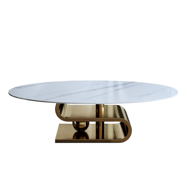 Table basse ovale moderne en pierre frittée blanche et or / argent, 1 place, pour salon