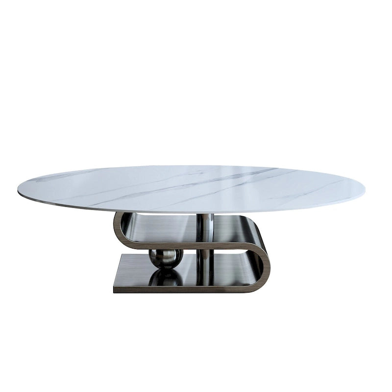 Table basse ovale moderne en pierre frittée blanche et or / argent, 1 place, pour salon