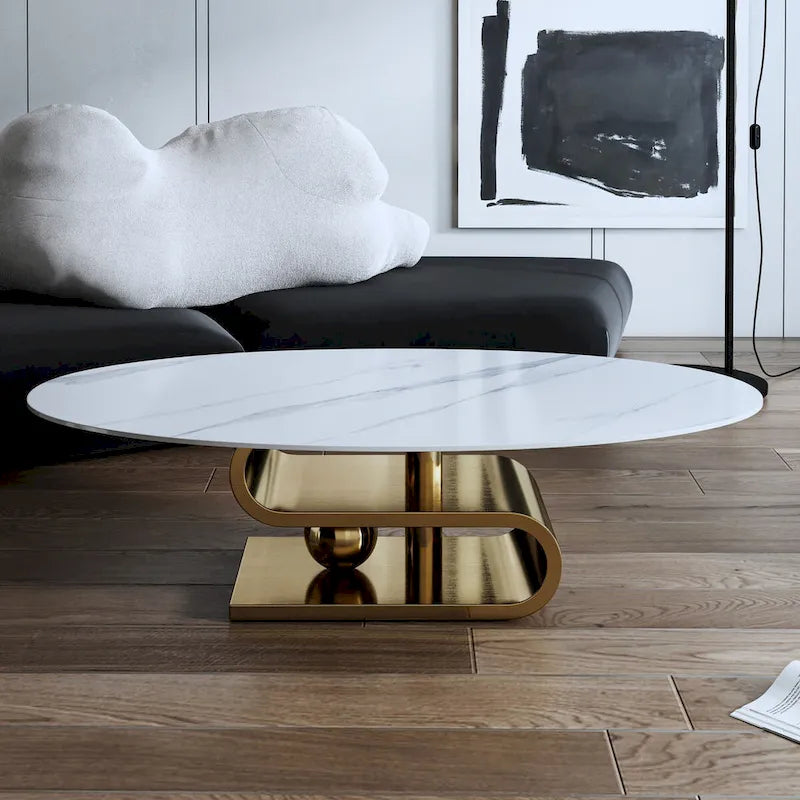 Table basse ovale moderne en pierre frittée blanche et or / argent, 1 place, pour salon