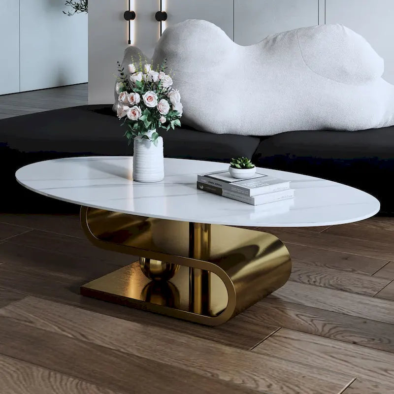 Table basse ovale moderne en pierre frittée blanche et or / argent, 1 place, pour salon