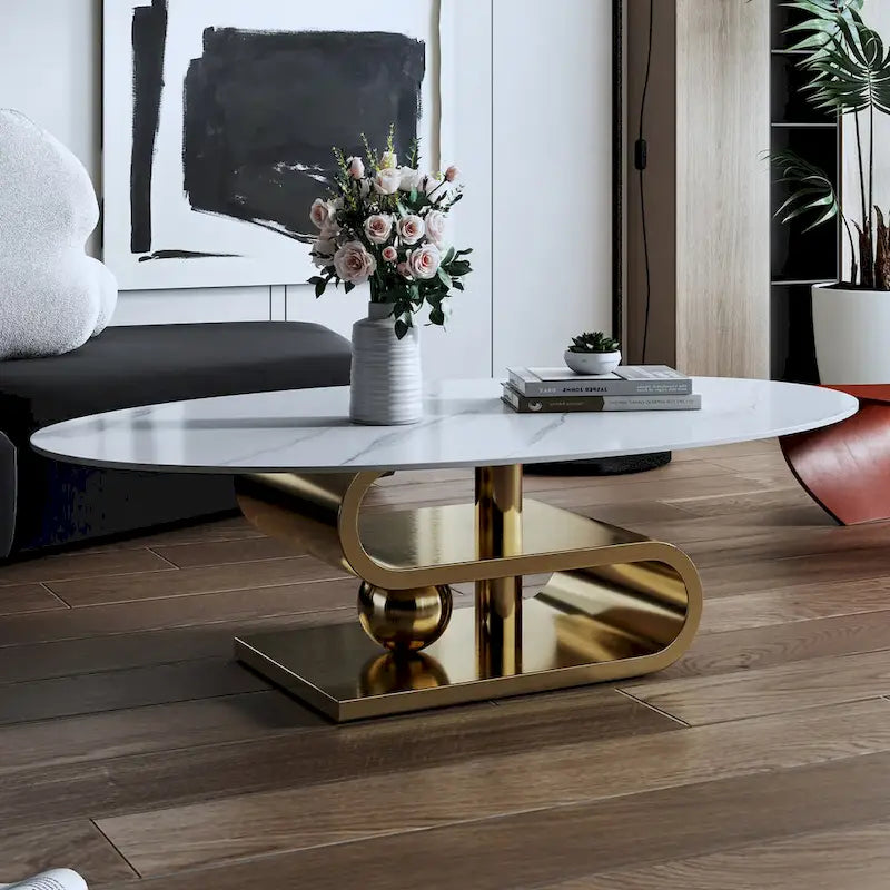 Table basse ovale moderne en pierre frittée blanche et or / argent, 1 place, pour salon