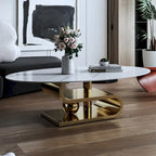 Table basse ovale moderne en pierre frittée blanche et or / argent, 1 place, pour salon
