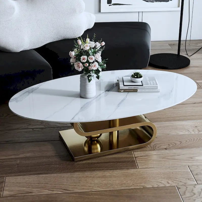 Table basse ovale moderne en pierre frittée blanche et or / argent, 1 place, pour salon