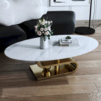 Table basse ovale moderne en pierre frittée blanche et or / argent, 1 place, pour salon