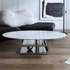 Table basse ovale moderne en pierre frittée blanche et or / argent, 1 place, pour salon