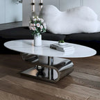 Table basse ovale moderne en pierre frittée blanche et or / argent, 1 place, pour salon