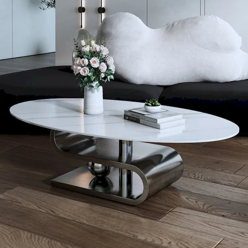 Table basse ovale moderne en pierre frittée blanche et or / argent, 1 place, pour salon