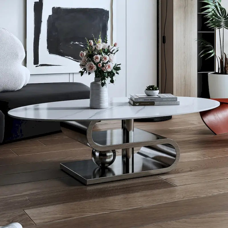 Table basse ovale moderne en pierre frittée blanche et or / argent, 1 place, pour salon