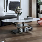 Table basse ovale moderne en pierre frittée blanche et or / argent, 1 place, pour salon