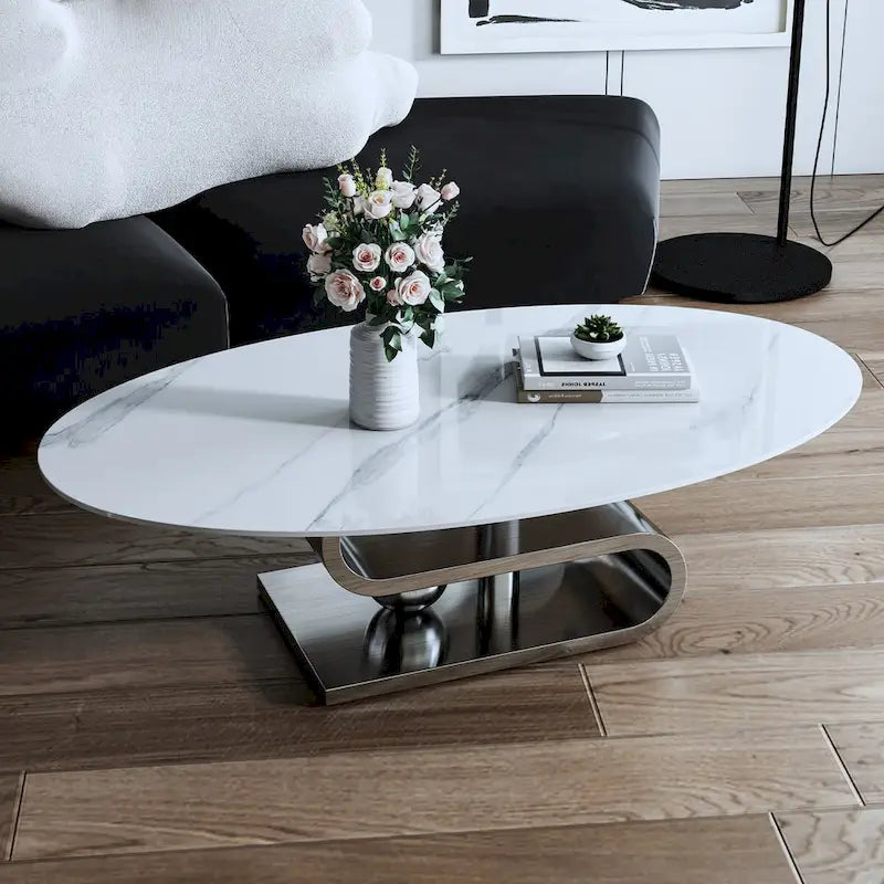 Table basse ovale moderne en pierre frittée blanche et or / argent, 1 place, pour salon