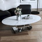 Table basse ovale moderne en pierre frittée blanche et or / argent, 1 place, pour salon