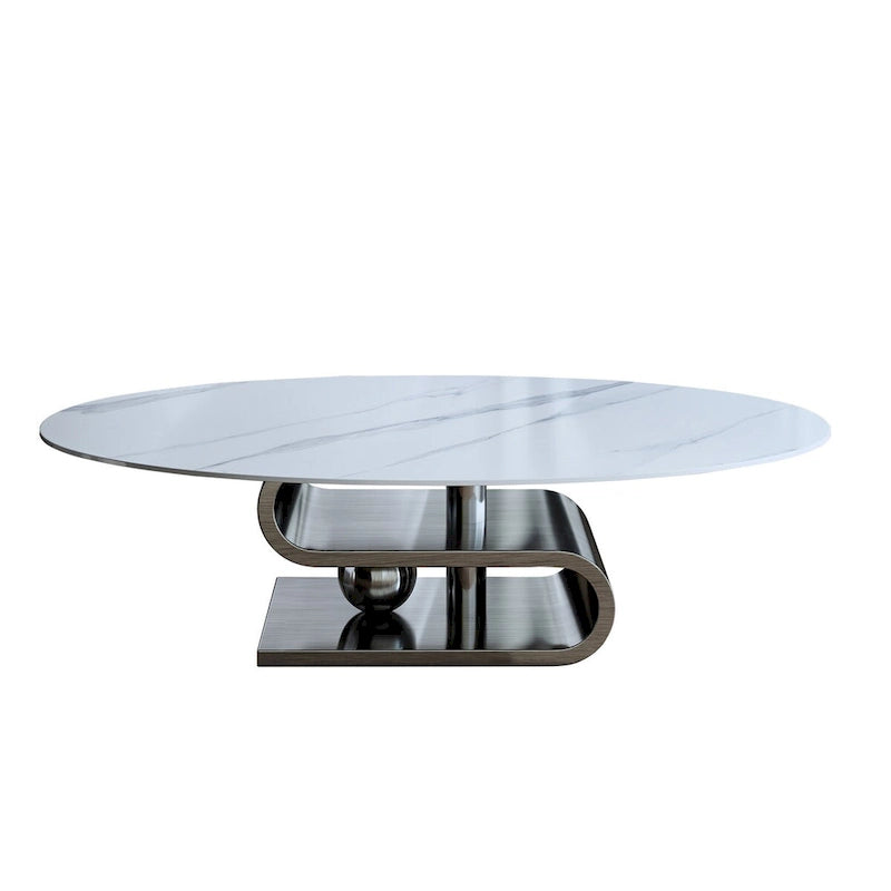 Table basse ovale moderne en pierre frittée blanche et or / argent, 1 place, pour salon
