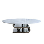 Table basse ovale moderne en pierre frittée blanche et or / argent, 1 place, pour salon