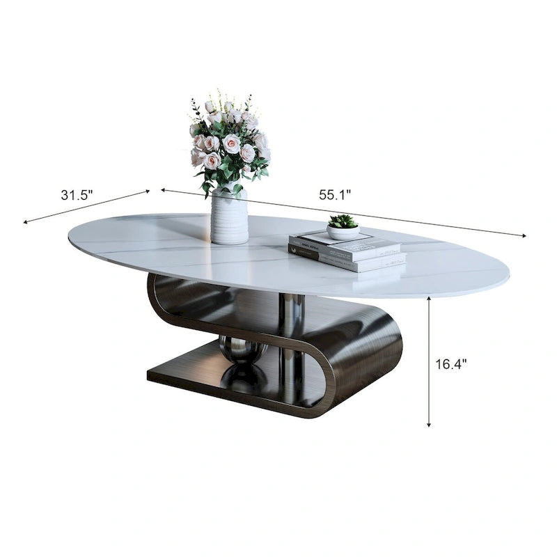 Table basse ovale moderne en pierre frittée blanche et or / argent, 1 place, pour salon