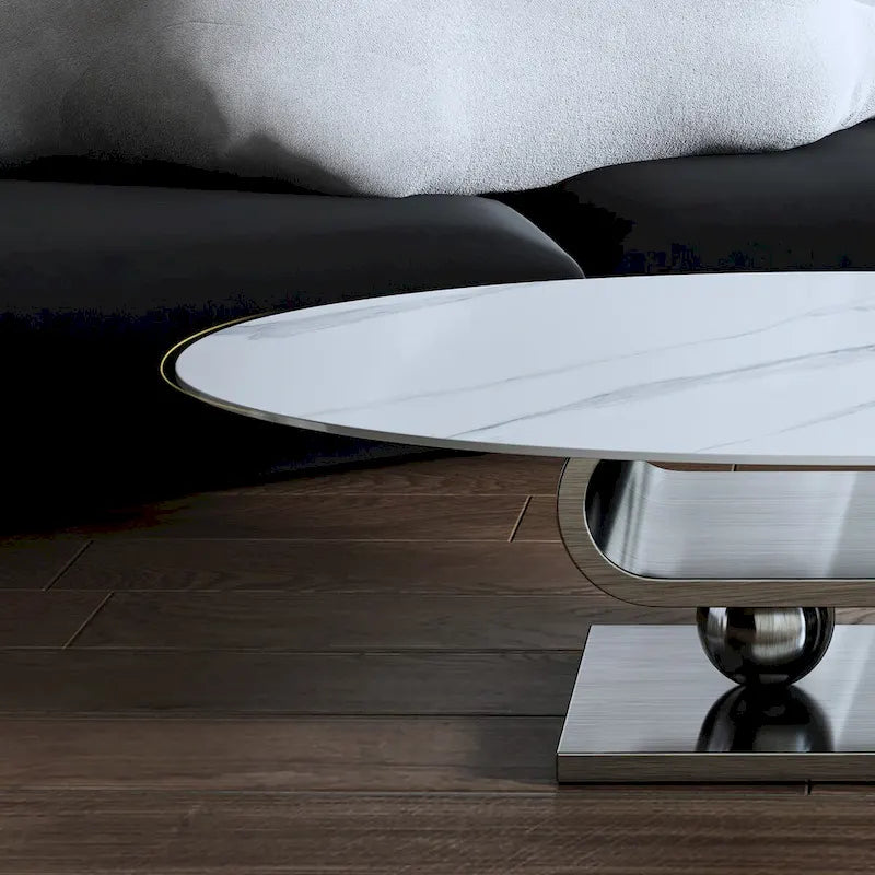 Table basse ovale moderne en pierre frittée blanche et or / argent, 1 place, pour salon